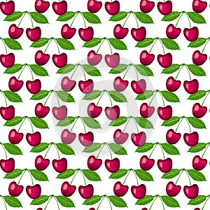 Cherry two berries with leaf seamless pattern isolated on white background. Vector illustration