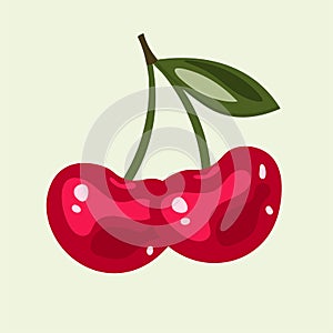 Cherry vector icon on light background. Ripe juicy berries on a branch. Bright appetizing cherries close-up, eps10
