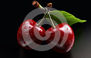 Cherry with water drops on black background. 3D illustration