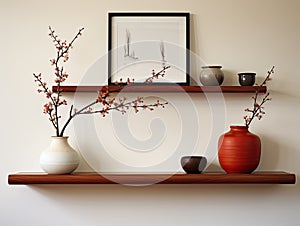 Cherry Wood Floating Shelf with Antique Frames and Ceramic Vase - AI Generated