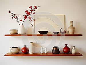 Cherry Wood Floating Shelf with Antique Frames and Ceramic Vases - AI Generated