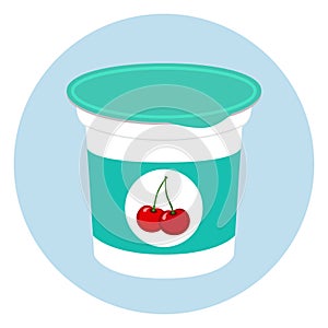 Cherry yogurt in plastic cup. Milk cream product. Flat style.