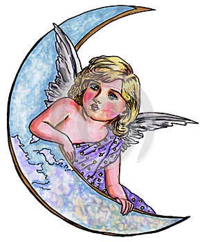 Cherub Angel Girl on the Moon Watercolor Illustration