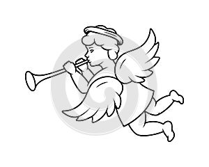 Cherub blowing into a tube. Angel with a wings. Valentine's day. Vector illustration.