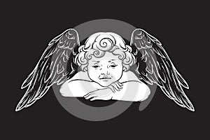 Cherub cute winged curly smiling baby boy angel isolated over black background. Hand drawn design vector illustration