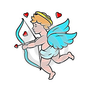 Cherub shooting arrow. Angel with a wings. Valentine's day. Vector illustration.