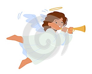Cherubic Baby Angel Character With Adorable Wings And A Sweet Smile, Blowing Trumpet, Bringing Love And Joy photo