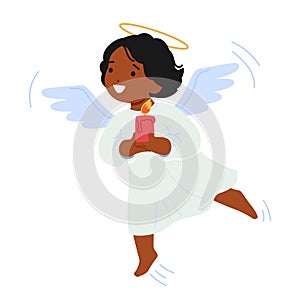 Cherubic Little Angel Character With Innocent Eyes, Wings, And A Captivating Smile Hover In The Air With Burning Candle photo