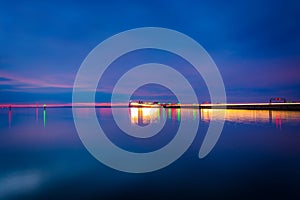 The Chesapeake Bay Bridge at night, seen from Kent Island, Maryland.