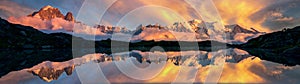 Cheserys Lake with reflection of Mont Blanc and Mountain range of the French Alps, in Chamonix, France