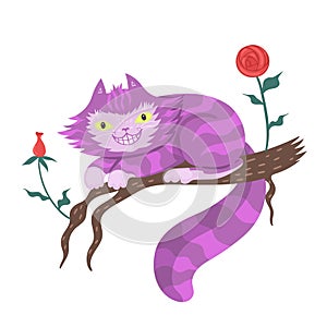 Cheshire cat on a branch Isolated on a white background. Vector graphics
