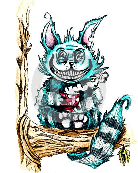 Cheshire cat with a Cup of tea sitting on a tree . watercolor and liner drawing