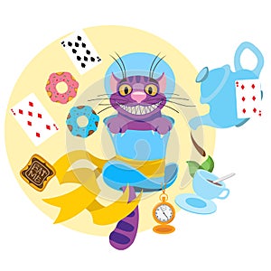 Cheshire cat in a hat and a variety of treats for tea. Illustration to the fairy tale Alice`s Adventures in Wonderland
