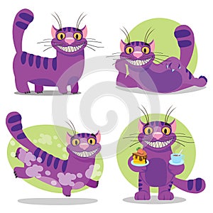 Cheshire Cat. Illustration to the fairy tale Alice`s Adventures in Wonderland. Purple cat with a big smile