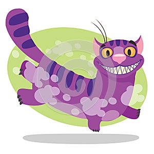 Cheshire Cat. Illustration to the fairy tale Alice`s Adventures in Wonderland. Purple cat with a big smile runs