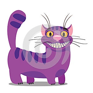 Cheshire Cat. Illustration to the fairy tale Alice`s Adventures in Wonderland. Purple cat with a big smile standing