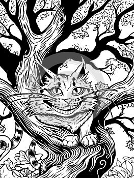 Cheshire Cat smiling in a tree in Wonderland, coloring book style. Vector, generative ai.