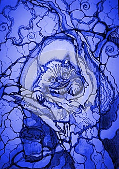 Cheshire cat on the tree in blue dusk.