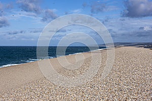 A wonderful view of the expanse of Chesil beach looking west from Portland