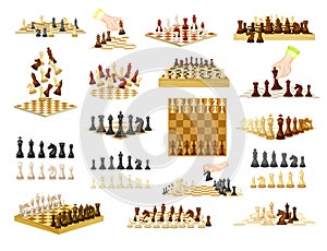 Chess as Strategy Board Game with Chessboard and Chess Pieces Big Vector Set