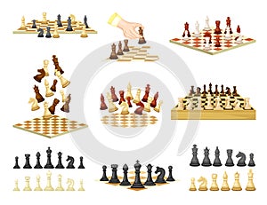 Chess as Strategy Board Game with Chessboard and Chess Pieces Vector Set