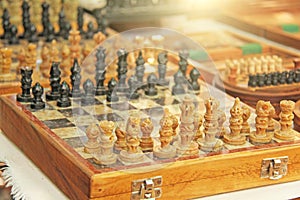 Chess and backgammon are sold in the bazaar market in India. Souvenir gift India. Anjuna, GOA