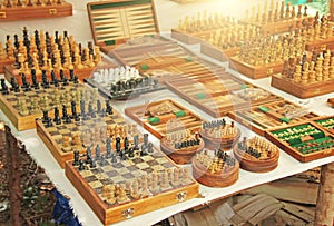 Chess and backgammon are sold in the bazaar market in India. Souvenir gift India. Anjuna, GOA