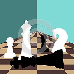 Chess background with chessboard, figures in the game.