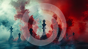 Chess Battle in Red and Blue Haze