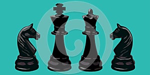 Chess Black King and Queen with Knight Horse sign isolated on a green background.  Vector illustration