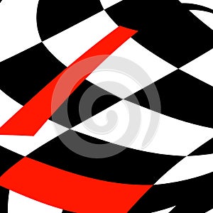 Chess black and white background with red elements and distortion. Abstract unusual creative background. Chess board.
