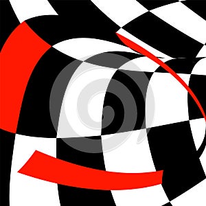 Chess black and white background with red elements and distortion. Abstract unusual creative background. Chess board.