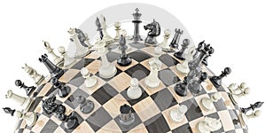 Chess board as checkered sphere with chess pieces. 3D rendering