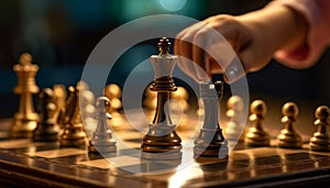 Chess board battle king success, pawn intelligence, knight leadership generated by AI