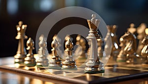 Chess board battle King success, pawn intelligence, knight leadership generated by AI