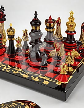 Chess board with black and red figures on a white background