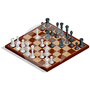 Chess board, chess game. Chess on chessboard. Winning concept. Flat 3d vector isometric illustration