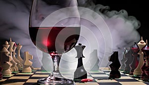 chess board with chess piece and glass of wine