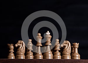 Chess board with chess pieces. Chess on the dark background. Business success concept. Strategy. Checkmate.