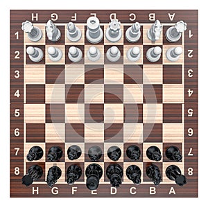 Chess board with chess pieces, top view. 3D rendering