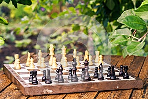 Chess board with chess pieces on wooden desk with branch of apple tree and green leaves on the background