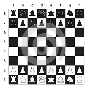 Chess board with figures, black and white, vector illustration.