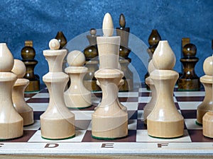 Chess board with figures. Wooden chess. Board games. Location of opponents. Counter strategy