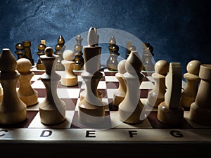 Chess board with figures. Wooden chess. Board games. Location of opponents. Counter strategy