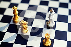 Chess board game, disadvantage king surrounding by enemy with serious situation situation, business competitive concept, copy