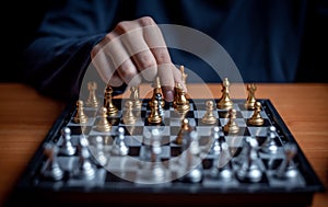 Chess board game between silver team and golden team is stategy game as challange competitive game ,this stategy plan concept with