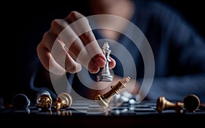 Chess board game between silver team and golden team is stategy game as challange competitive game ,this stategy plan concept with