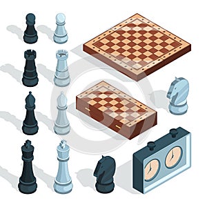 Chess board game. Strategical tactical entertainment checkmate rook pieces alcazar knight figures vector isometric photo