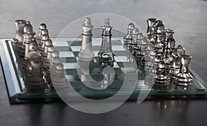 Glass pieces and chess board