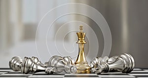 a chess board with a golden and silver chess set, 3D render